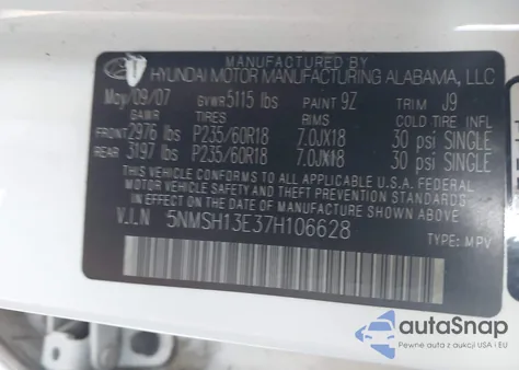 2007 Hyundai Santa Fe Limited/Se from USA, damaged, VIN 5NMSH13E37H106628